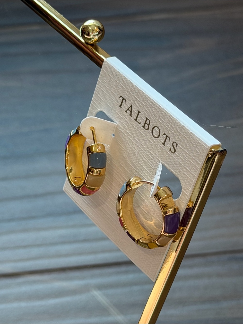 Talbots Gold Hoop Earrings with Purple, Gray and Pink Enamel Accents